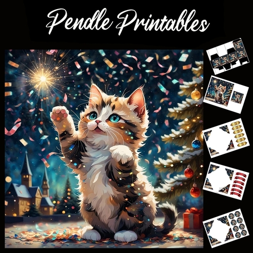 Happy Birthday Kitten Card 7x7 Card Kit. Matching Box, Gift Bauble,Tag