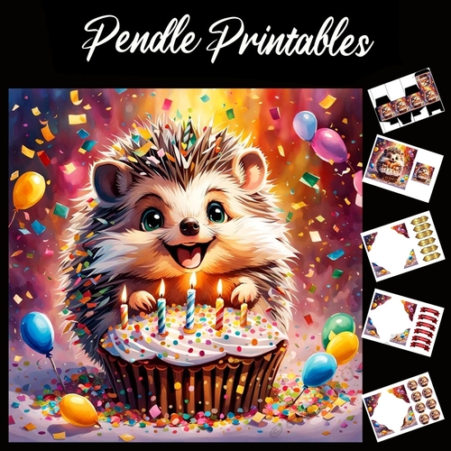 Happy Birthday HedgeHog Card 7x7 Card Kit. Matching Box, Gift Bauble,Tag