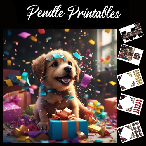 Happy Birthday Labrador Puppy Card 7x7 Card Kit. Matching Box, Gift Bauble,Tag