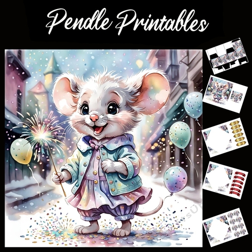 Happy Birthday Happy Mouse Card 7x7 Card Kit. Matching Box, Gift Bauble,Tag