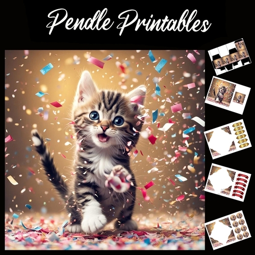 Happy Birthday Party Kitten Card 7x7 Card Kit. Matching Box, Gift Bauble,Tag
