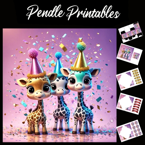 Happy Birthday Giraffe Squad Card 7x7 Card Kit. Matching Box, Gift Bauble,Tag