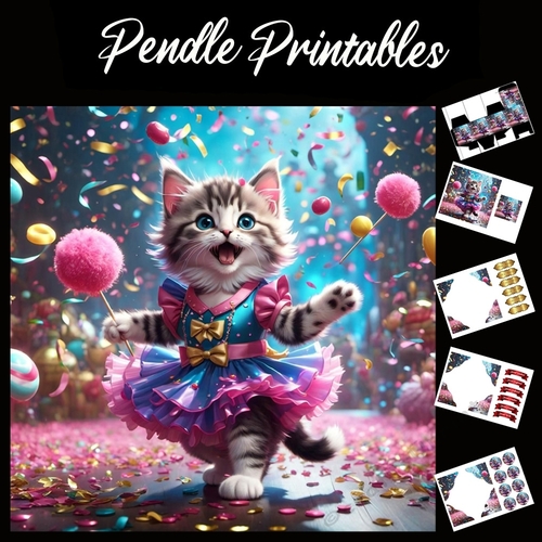 Happy Birthday Dancing Kitten Card 7x7 Card Kit. Matching Box, Gift Bauble,Tag