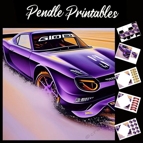 Purple Sports Car Birthday Card  7x7 Card Kit. Matching Box, Gift Bauble,Tag