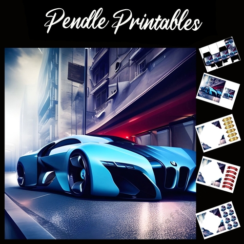 Blue Supercar Birthday Card  7x7 Card Kit. Matching Box, Gift Bauble,Tag