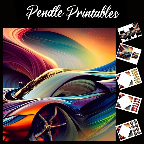 Rainbow Supercar Birthday Card  7x7 Card Kit. Matching Box, Gift Bauble,Tag