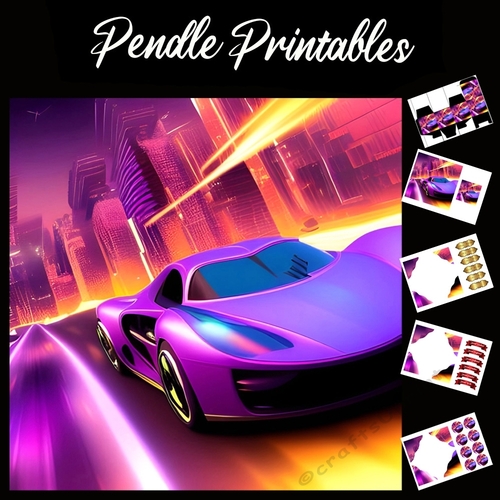 Violet Supercar Birthday Card  7x7 Card Kit. Matching Box, Gift Bauble,Tag
