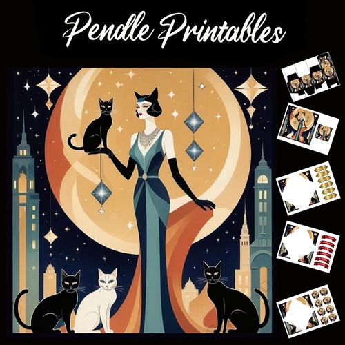 Art Deco Style Cats 04 7x7 Card Kit. Matching Box, Gift Bauble,Tag