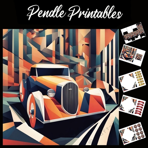 Art Deco Style Car 04 7x7 Card Kit. Matching Box, Gift Bauble,Tag