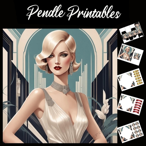 Art Deco Style Girl 12 7x7 Card Kit. Matching Box, Gift Bauble,Tag