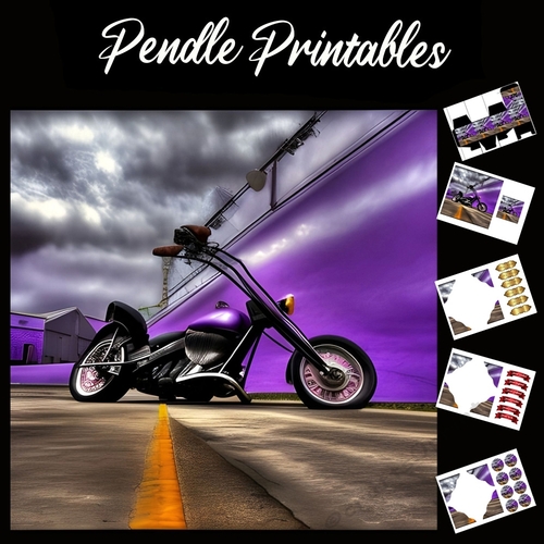 Purple Motorbike Fathers Day 10 7x7 Card Kit. Matching Box, Gift Bauble,Tag