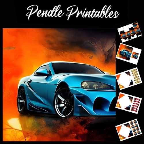 Blue Sports Car Fathers Day 11 7x7 Card Kit. Matching Box, Gift Bauble,Tag