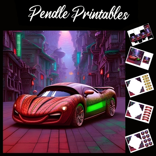 Red Sports Car Fathers Day 13 7x7 Card Kit. Matching Box, Gift Bauble,Tag