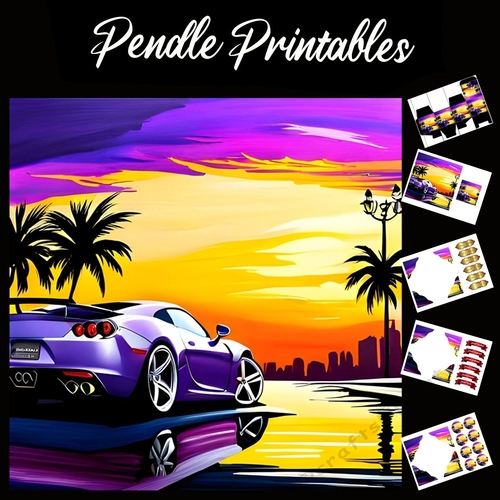 Purple Sports Car Fathers Day 13 7x7 Card Kit. Matching Box, Gift Bauble,Tag