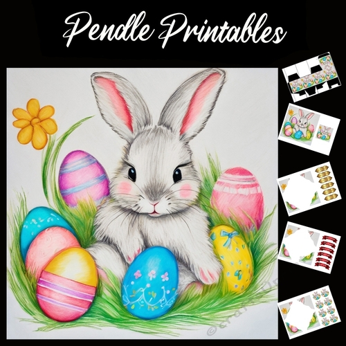 Easter Bunny 36 7x7 Card Kit. Matching Box, Gift Bauble,Tag