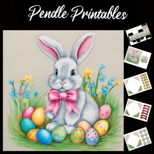 Easter Bunny 42 7x7 Card Kit. Matching Box, Gift Bauble,Tag