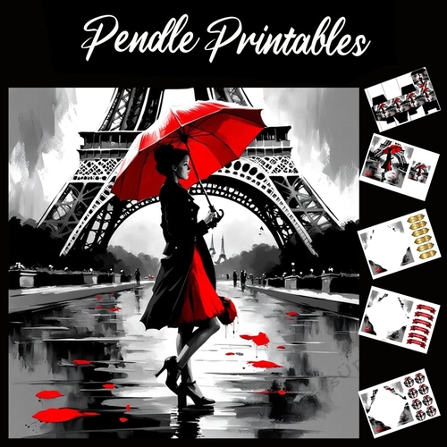 French Chic Umbrella 7x7 Card Kit. Matching Box, Gift Bauble,Tag