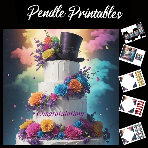 Wedding Card. Congratulations Wedding Cake With Top Hat Topper 7x7 Card Kit. Matching Box, Gift Bauble,Tag