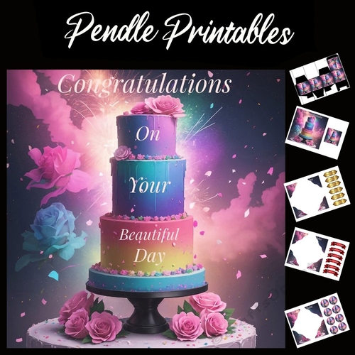 Wedding Card. Congratulations On Your Beautiful Day Cake 7x7 Card Kit. Matching Box, Gift Bauble,Tag