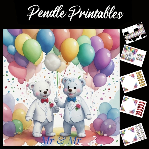 Wedding Card. Mr & Mr Teddies 7x7 Card Kit. Matching Box, Gift Bauble,Tag