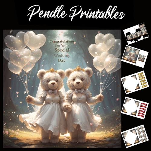 Congratulations On Your Special Wedding Day Cute Teddies 7x7 Card Kit. Matching Box, Gift Bauble,Tag