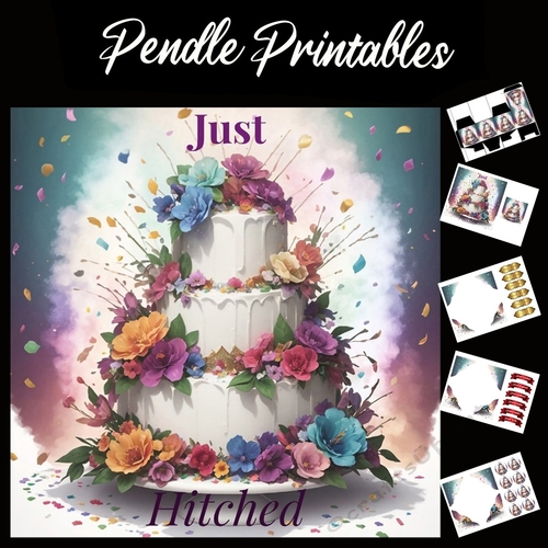 Just Hitched Wedding Cake Card 7x7 Card Kit. Matching Box, Gift Bauble,Tag