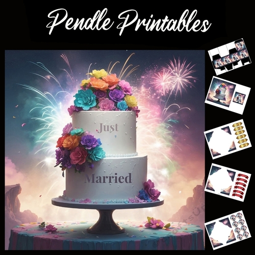 Just Married Wedding Cake Card 7x7 Card Kit. Matching Box, Gift Bauble,Tag