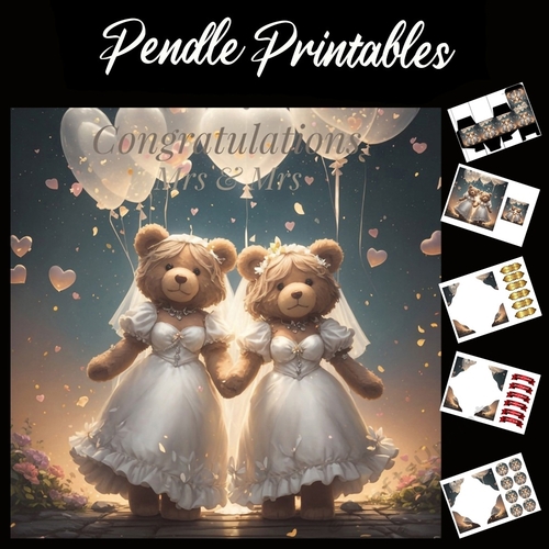 Congratulations Mrs & Mrs Cute Teddies Wedding Card 7x7 Card Kit. Matching Box, Gift Bauble,Tag