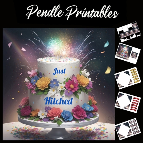 Just Hitched Wedding Cake Card 7x7 Card Kit. Matching Box, Gift Bauble,Tag