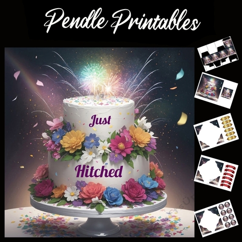 Just Hitched Wedding Cake Card 7x7 Card Kit. Matching Box, Gift Bauble,Tag