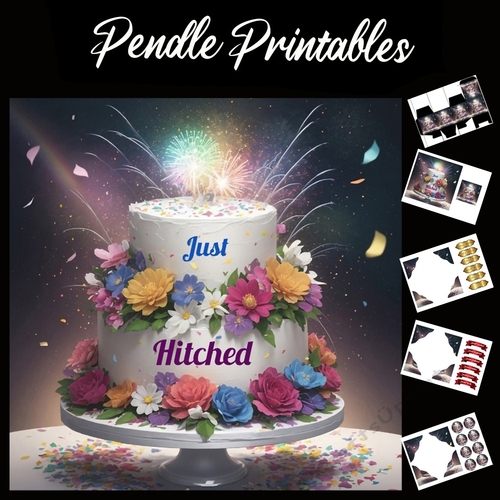 Just Hitched Wedding Cake Card 7x7 Card Kit. Matching Box, Gift Bauble,Tag