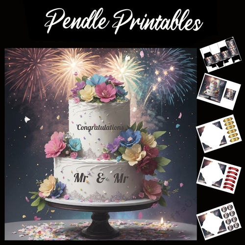Congratulations Mr & Mr Wedding Cake Card 7x7 Card Kit. Matching Box, Gift Bauble,Tag