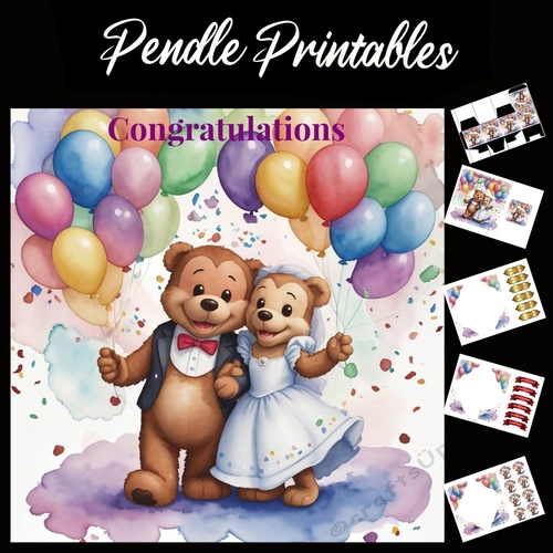 Congratulations Cute Teddies Wedding Card 7x7 Card Kit. Matching Box, Gift Bauble,Tag