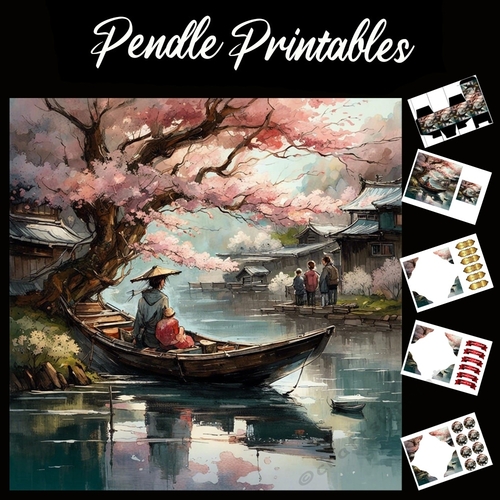 A Fishing Spot. Japanese Scene 7x7 Card Kit. Matching Box, Gift Bauble,Tag