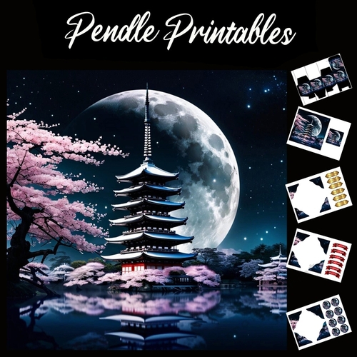 The Japanese Pagoda And The Full Moon 7x7 Card Kit. Matching Box, Gift Bauble,Tag
