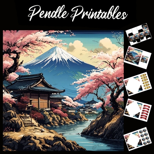 Japanese Village Under The Mountain 7x7 Card Kit. Matching Box, Gift Bauble,Tag