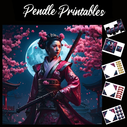 Beautiful Japanese Young Lady Samurai At Night 7x7 Card Kit. Matching Box, Gift Bauble,Tag