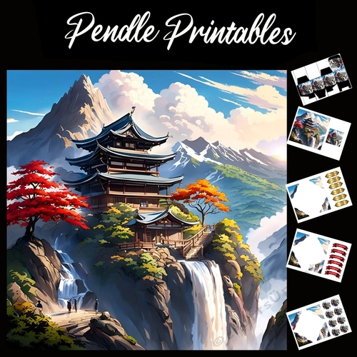 The Waterfall Pagoda 7x7 Card Kit. Matching Box, Gift Bauble,Tag