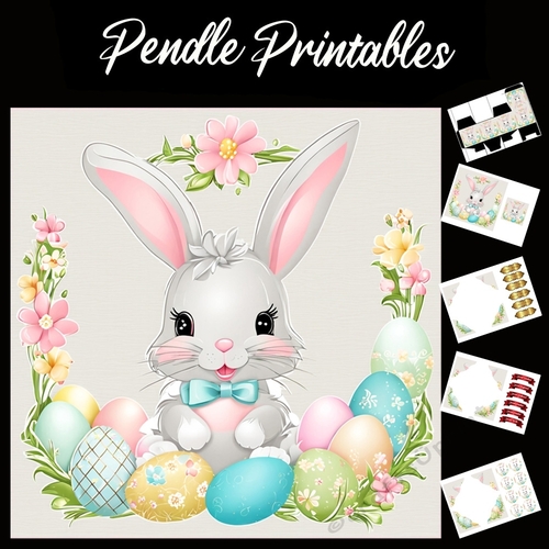 Cute Easter Bunny (11) 7x7 Card Kit. Matching Box, Gift Bauble,Tag