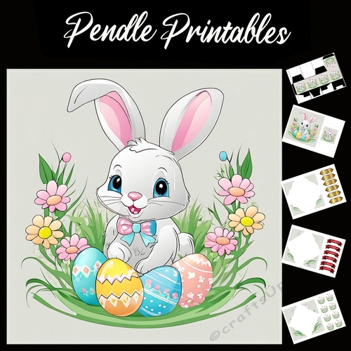 Cute Easter Bunny (12a) 7x7 Card Kit. Matching Box, Gift Bauble,Tag