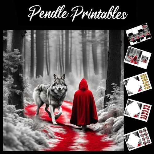 Red And The Wolf 7x7 Card Kit. Matching Box, Gift Bauble,Tag