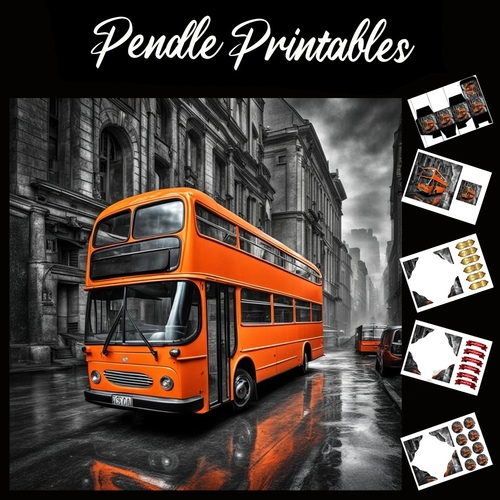 An Orange Bus 7x7 Card Kit. Matching Box, Gift Bauble,Tag