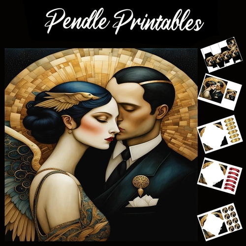 Art Deco Couple 7x7 Card Kit. Matching Box, Gift Bauble,Tag