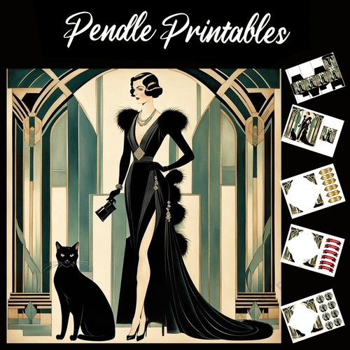 Black Chic. Art Deco Lady And Black Cat 7x7 Card Kit. Matching Box, Gift Bauble,Tag