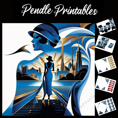 Art Deco Lady Harbour Scene 7x7 Card Kit. Matching Box, Gift Bauble,Tag
