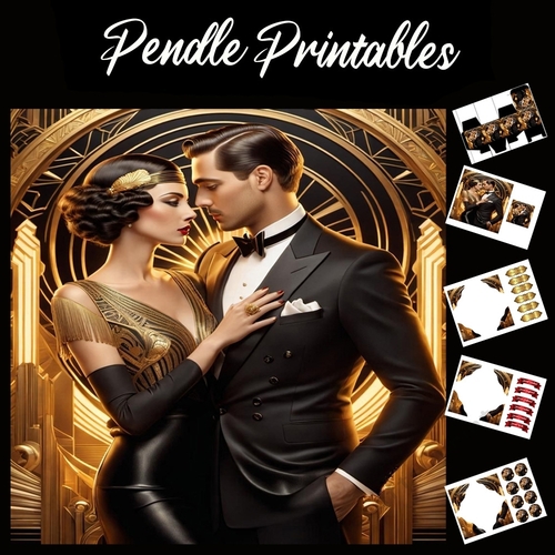  Art Deco Couple (2) 7x7 Card Kit. Matching Box, Gift Bauble,Tag
