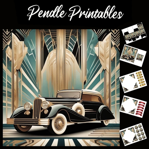 Beautiful Art Deco Car 7x7 Card Kit. Matching Box, Gift Bauble,Tag