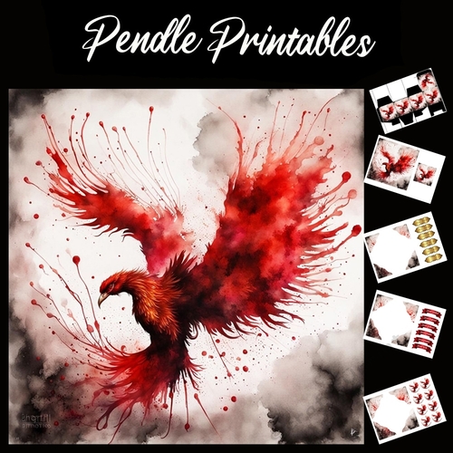 Splatter Art. The Red Pheonix 7x7 Card Kit. Matching Box, Gift Bauble,Tag