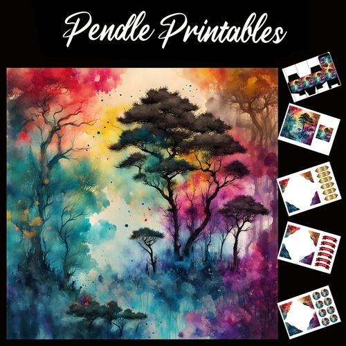 Splatter Art. Woodlands Aurora 7x7 Card Kit. Matching Box, Gift Bauble,Tag