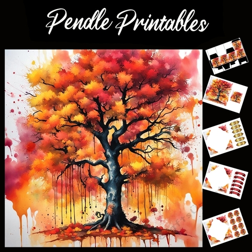 Splatter Art. The Golden Red Tree 7x7 Card Kit. Matching Box, Gift Bauble,Tag
